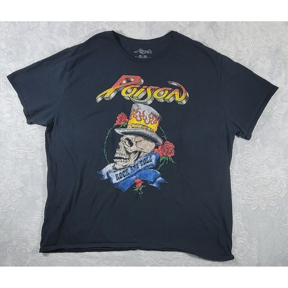 Poison "Rock and Roll" Black T-Shirt Mens Sz 3XL Skull With Top Hat Graphic XXXL